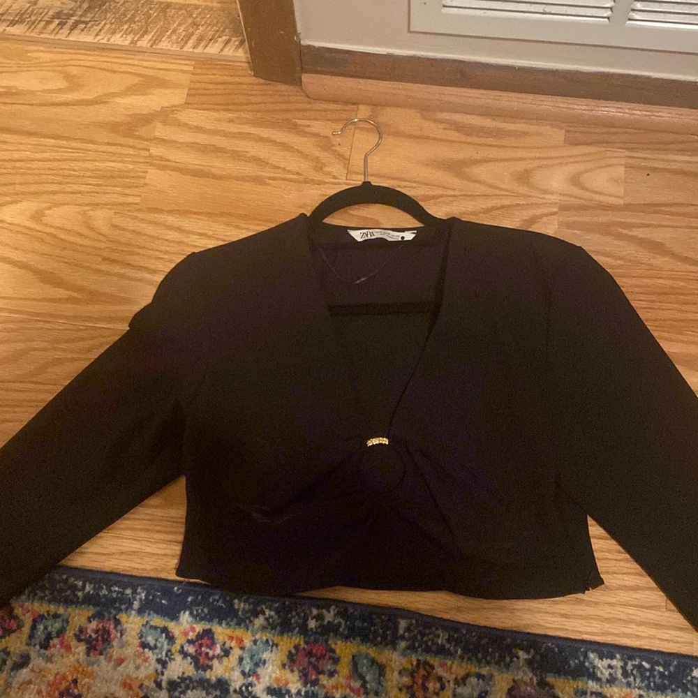 Zara black long sleeve crop top with gold ring detail